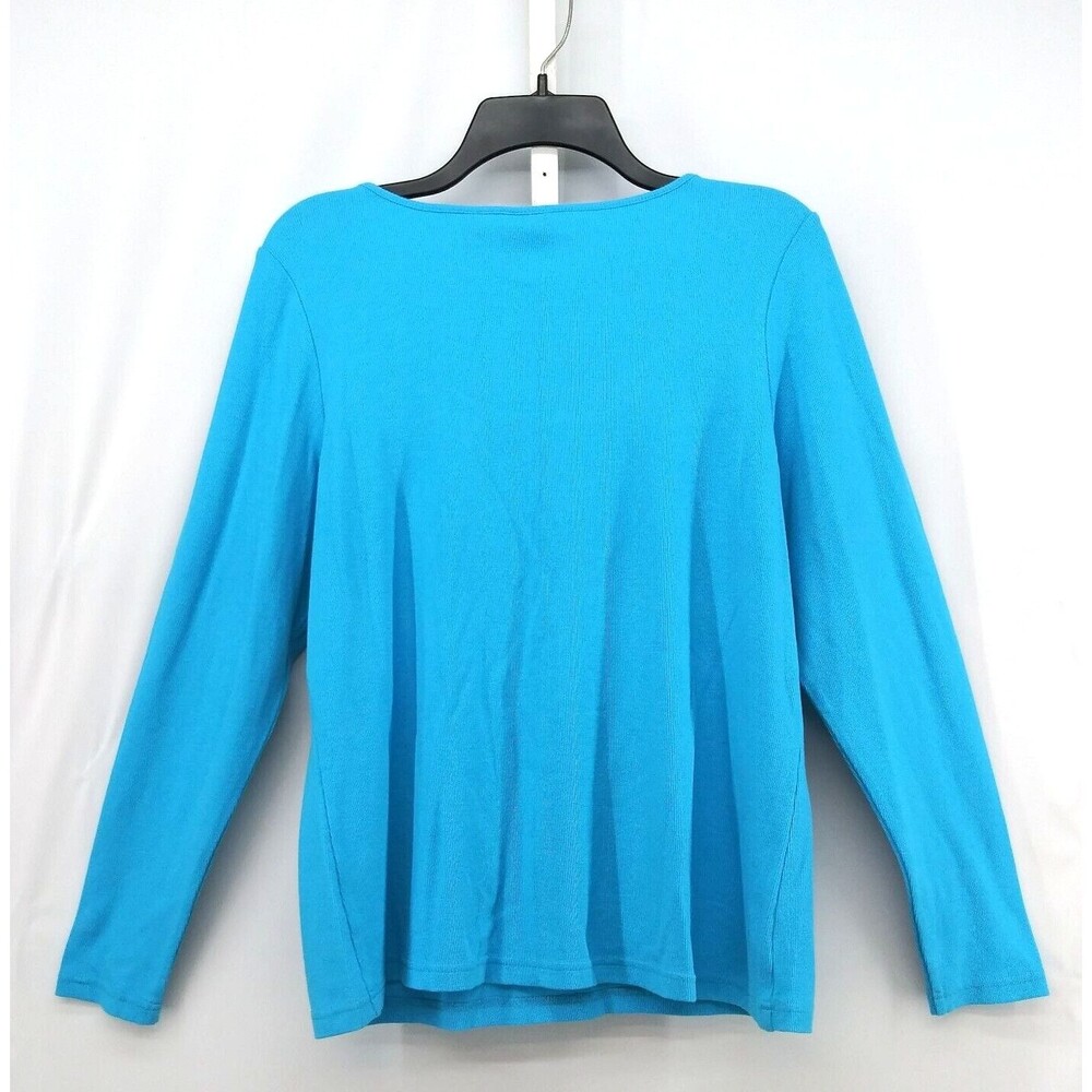 Diane Gilman Blouse Womens Large Turquoise Blue Long Sleeve Beaded Neckline Top - Picture 3 of 6